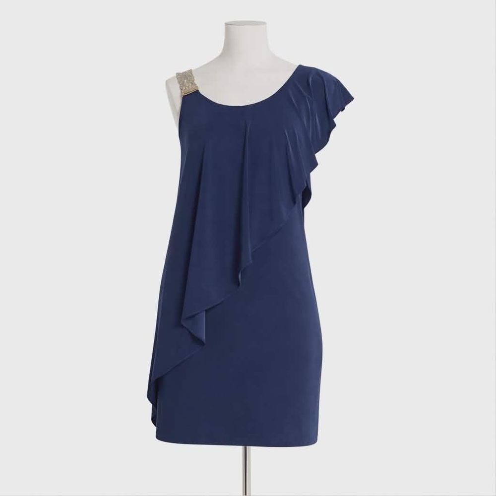 NWT Size 6. Adam Asymmetrical Navy Dress with gold strap shoulder